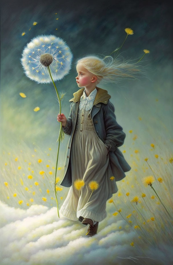 Young girl in vintage attire with oversized dandelion in blooming flower field