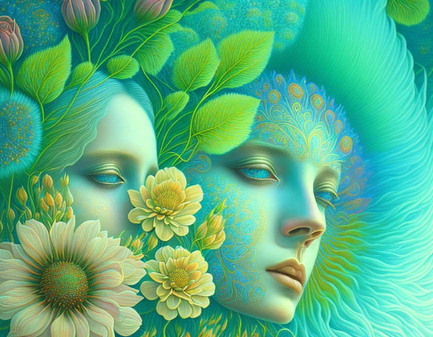 Digital artwork featuring twin faces amidst foliage and flowers in teal and green palette