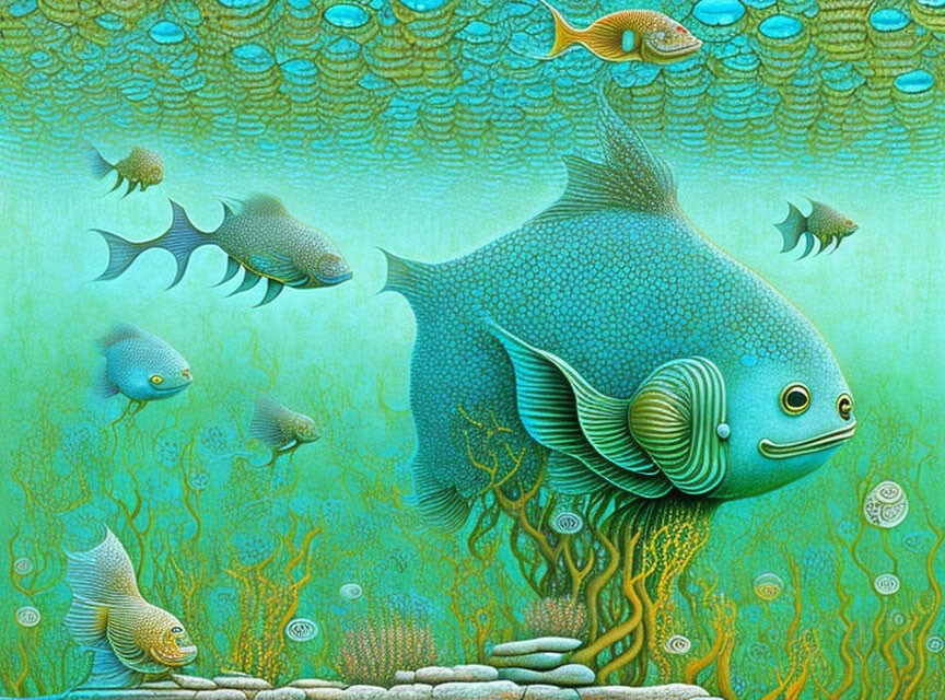 Colorful underwater scene with patterned fish and aqua tones