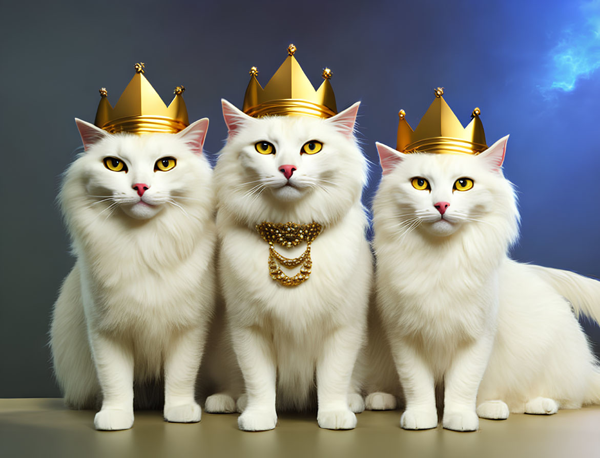 Regal white cats with golden crowns and chain on blue background