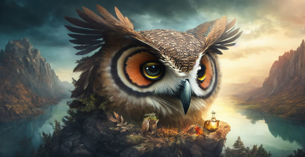 Fantastical landscape with large owl, serene river, mountains, and dramatic sky