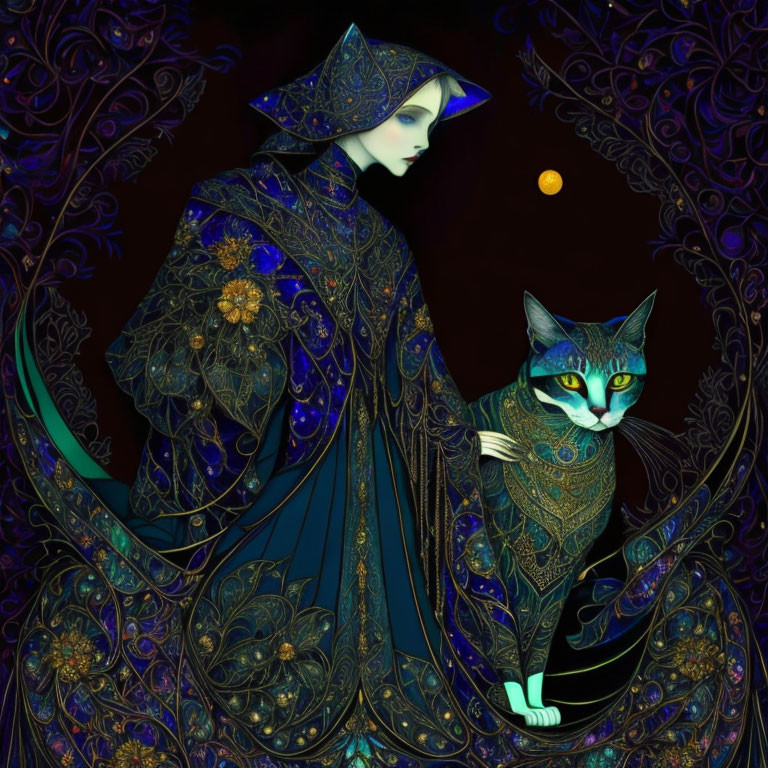 Illustration of person in blue robes with gold details next to patterned cat on dark background