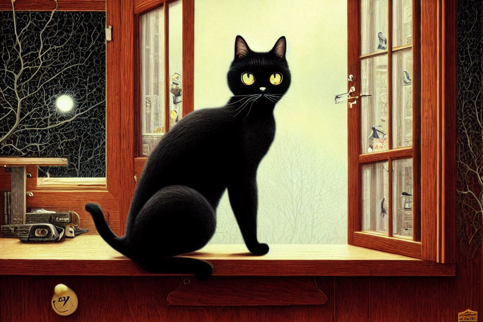 Black cat with yellow eyes on wooden window sill gazes at foggy landscape with birds.