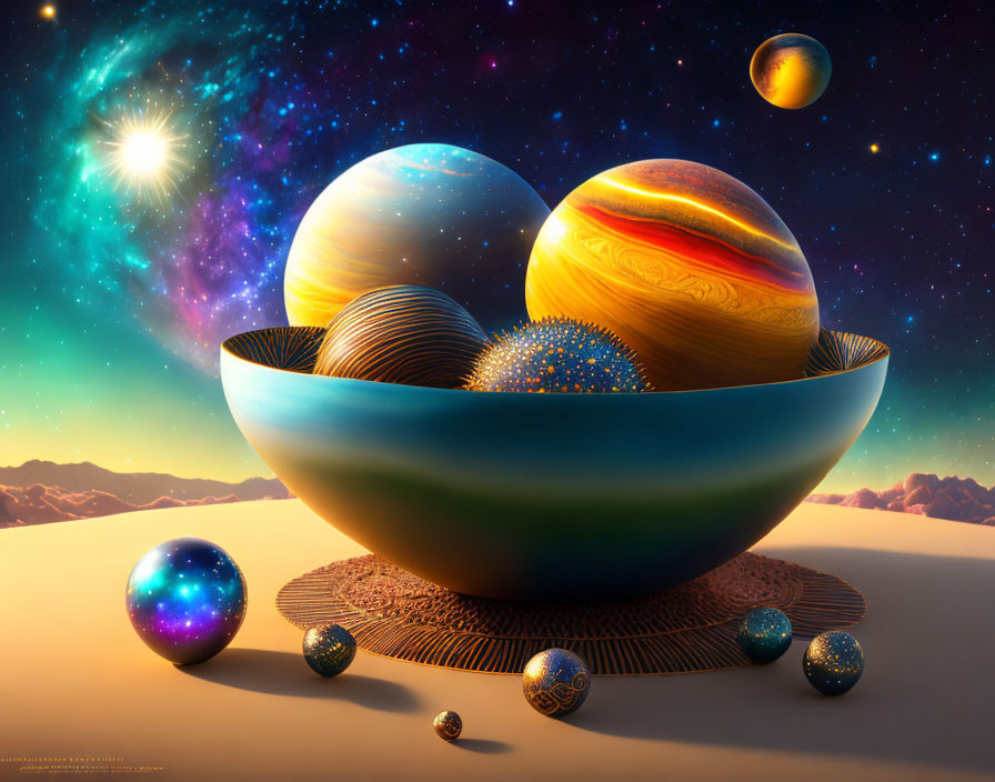 Surreal bowl with stylized planets on cosmic desert landscape