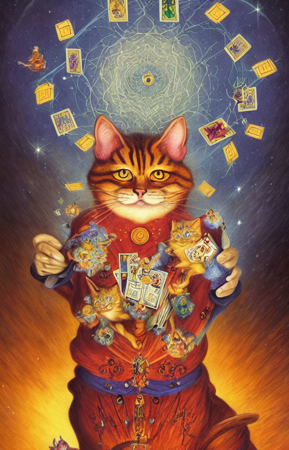 Anthropomorphic cat in ornate robes juggling Tarot cards with mystical symbols and celestial backdrop