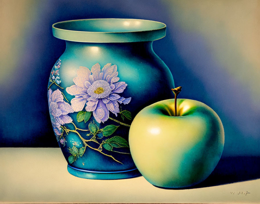 Still life painting: blue vase with floral designs and green apple on shaded surface