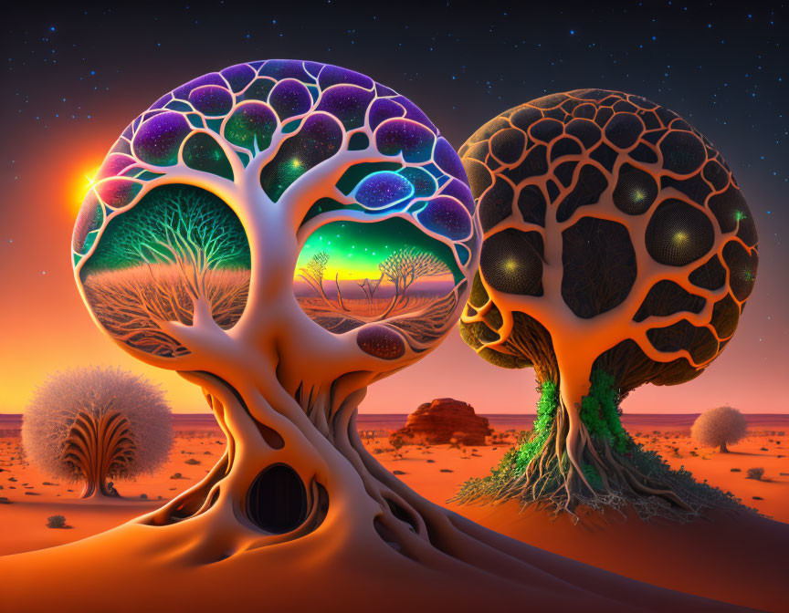 Surreal neon-colored tree-like structures in desert sunset