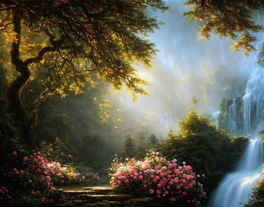 Tranquil forest landscape with sunlight, path, and waterfall