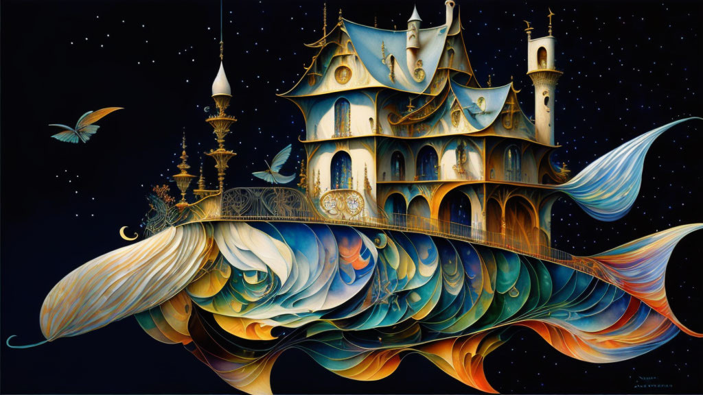 Fantastical painting of ship with castle-like structures sailing in starry sky