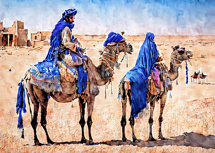 Person in blue traditional attire on camel in desert with adorned camel nearby; desert structures in background.