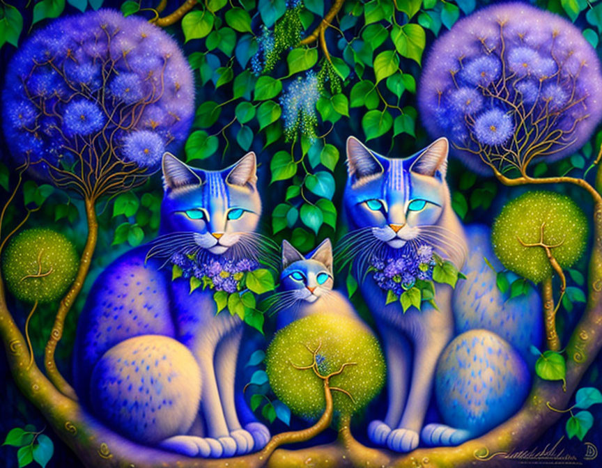 Colorful Illustration: Three Blue Cats in Botanical Forest