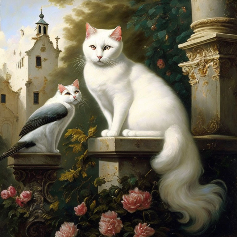 Two white cats with blue eyes on ledge with roses and classical building