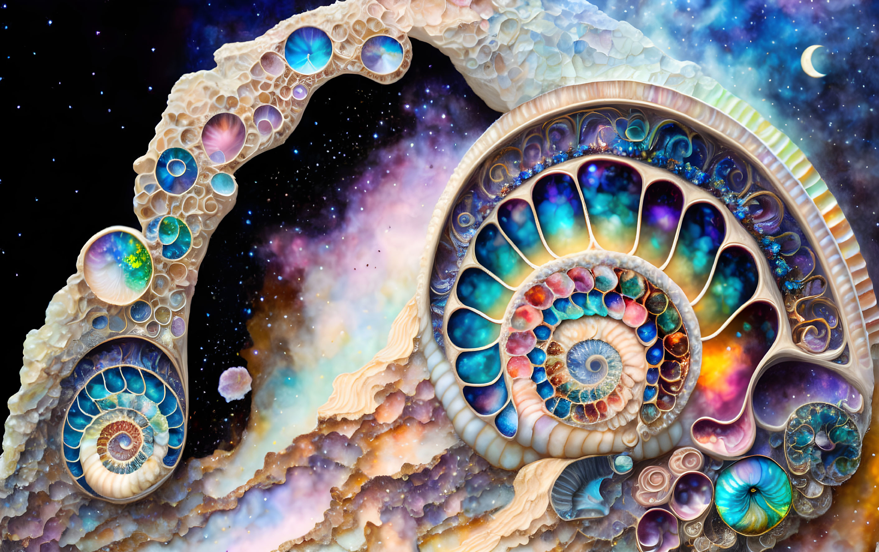 Colorful surreal artwork: Cosmic nautilus shells in starry space