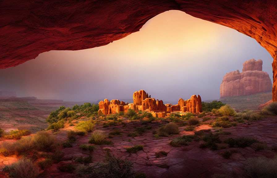 Scenic sunrise through red rock arch in desert landscape