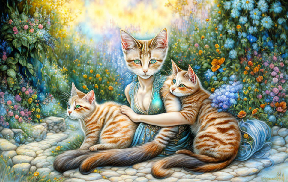 Whimsical painting: Three anthropomorphic cats embracing in vibrant garden