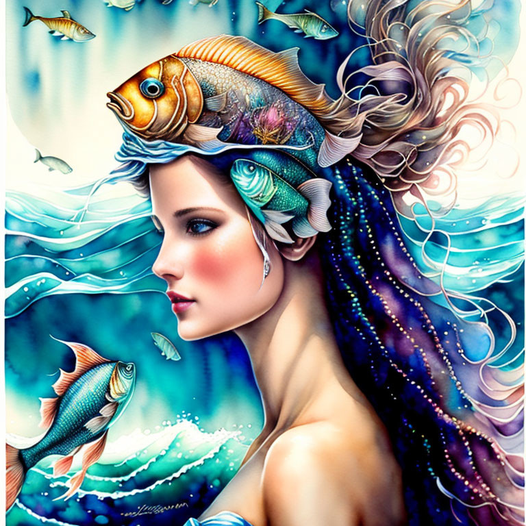 Vibrant underwater scene with woman and fish in flowing hair