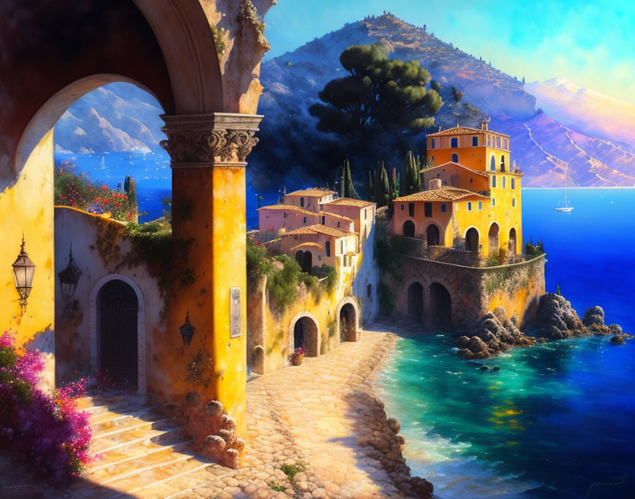 Vibrant yellow coastal village with blue sea and archways