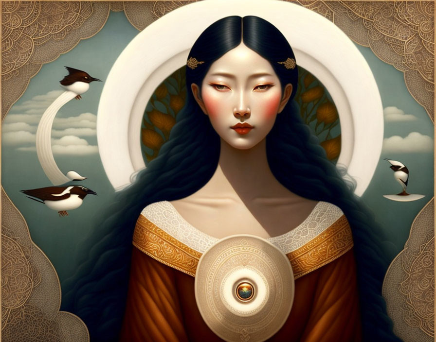 Dark-haired woman with golden disc surrounded by birds and intricate patterns in surreal setting