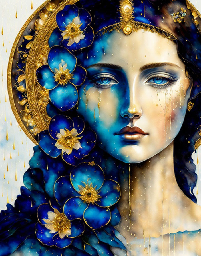 Surreal portrait of a woman with blue skin and gold accents