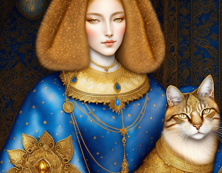 Regal blue dress woman with golden embroidery and cat on blue background