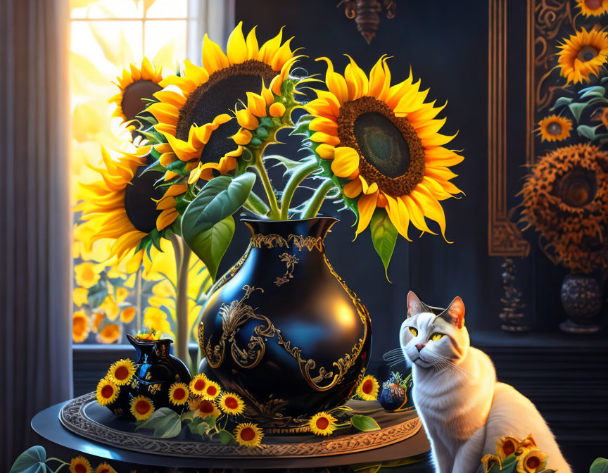 Indoor scene with white cat, sunflowers, and sunlight filtering through window