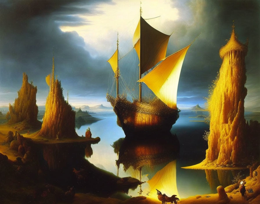 Surreal painting of golden sailing ship on calm waters near fantastical rock formations