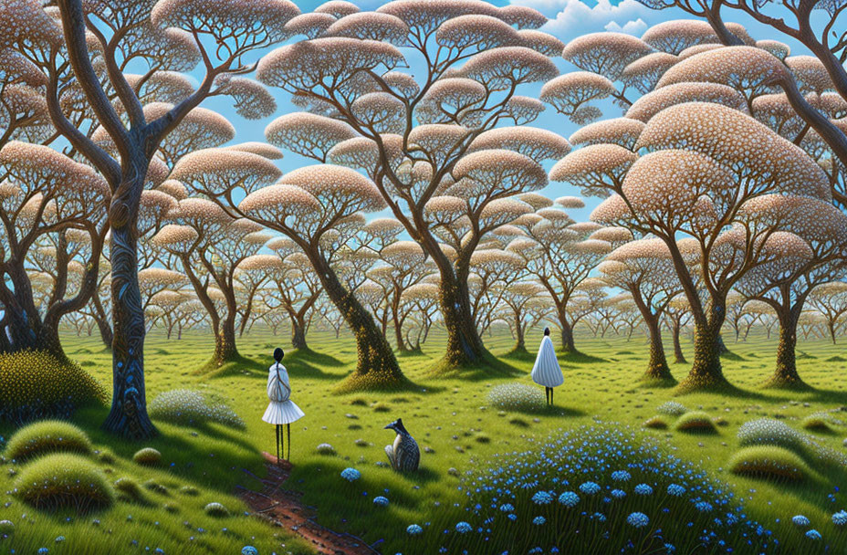 Whimsical painting of lush forest with bulbous trees and figures in white dresses