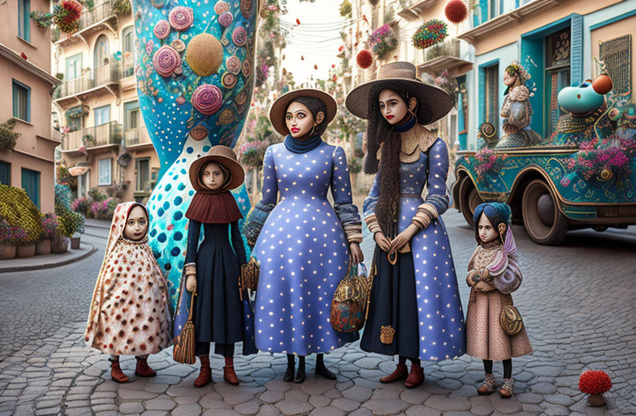 Whimsical vintage-themed illustration with five female characters on cobblestone street