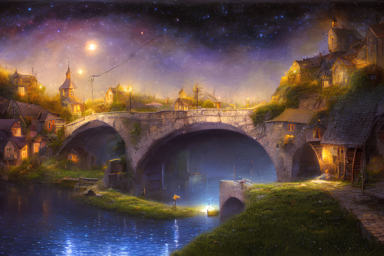 Enchanting village with glowing lights, stone bridge, and cozy homes