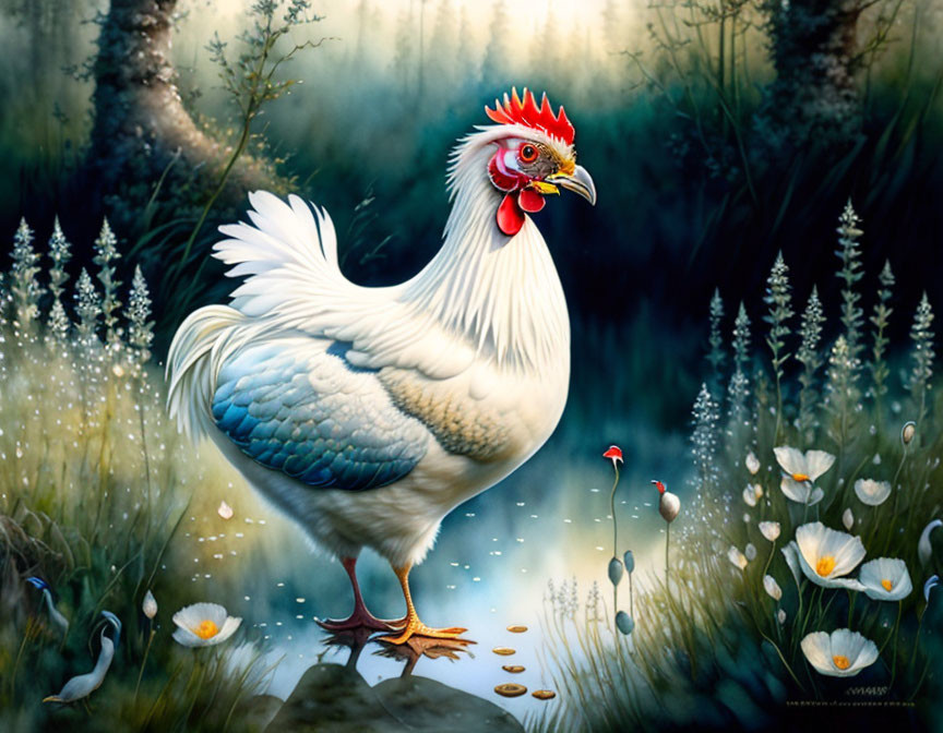 Colorful Painting: White Rooster in Mystical Forest with Flowers