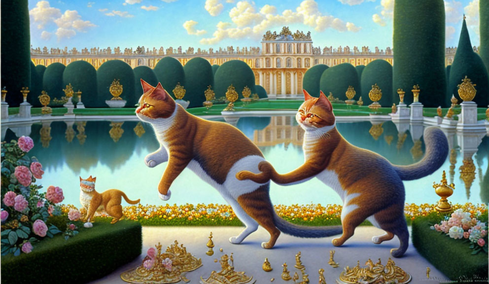 Giant cats in opulent palace gardens with lush greenery and tranquil pond