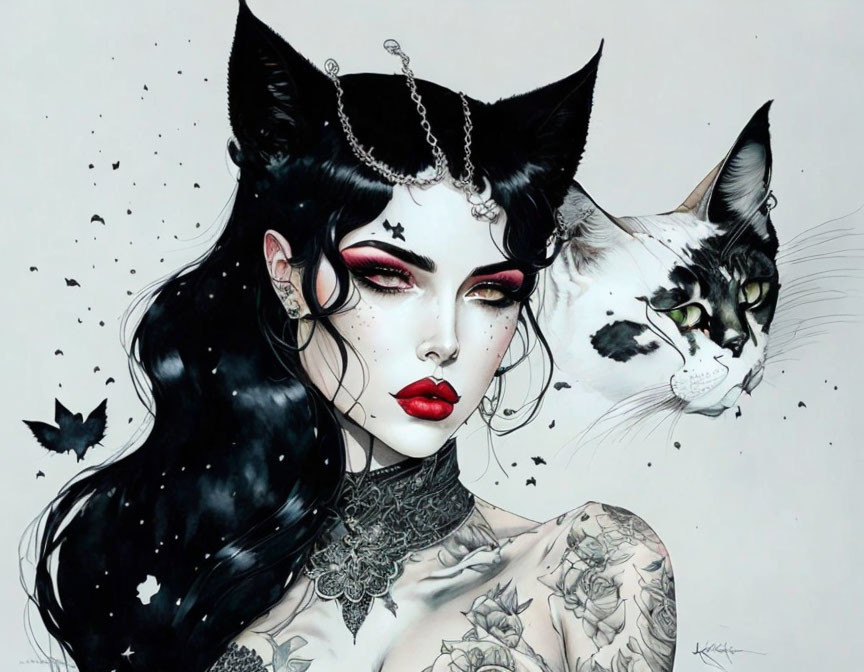 Illustration of woman with cat-like features and tattoos beside a real cat in dark whimsical style