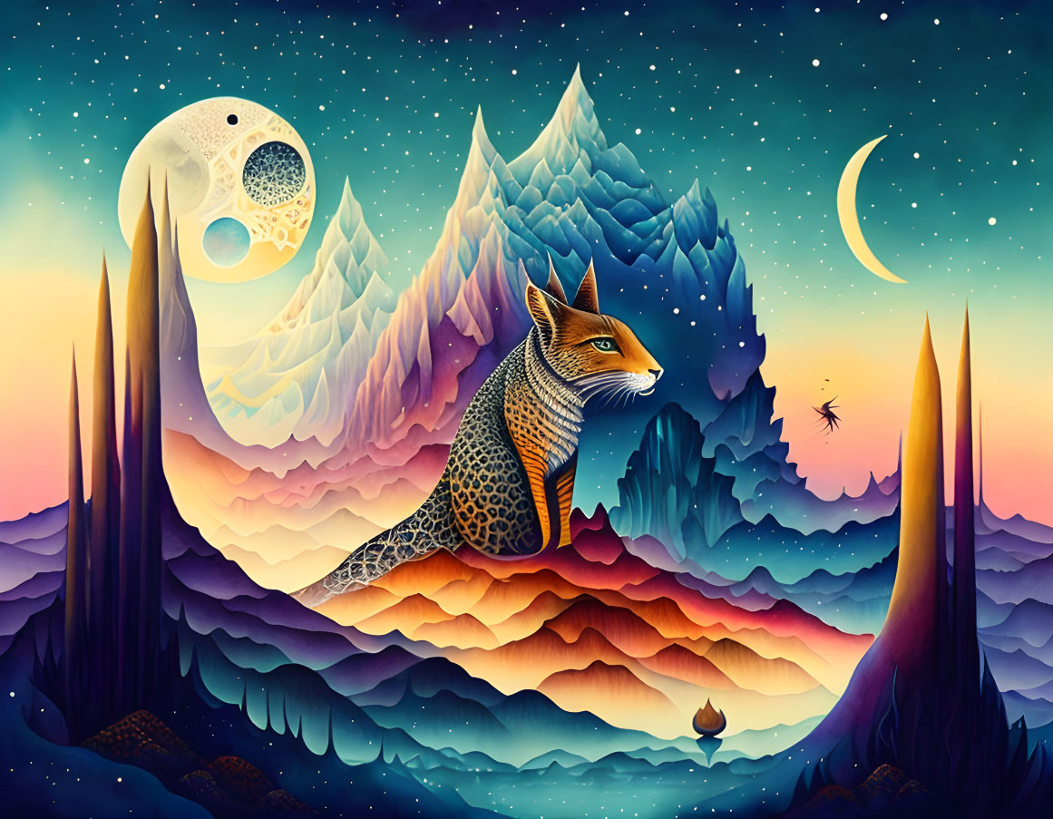 Colorful Surreal Landscape with Fox, Moon, and Mountains