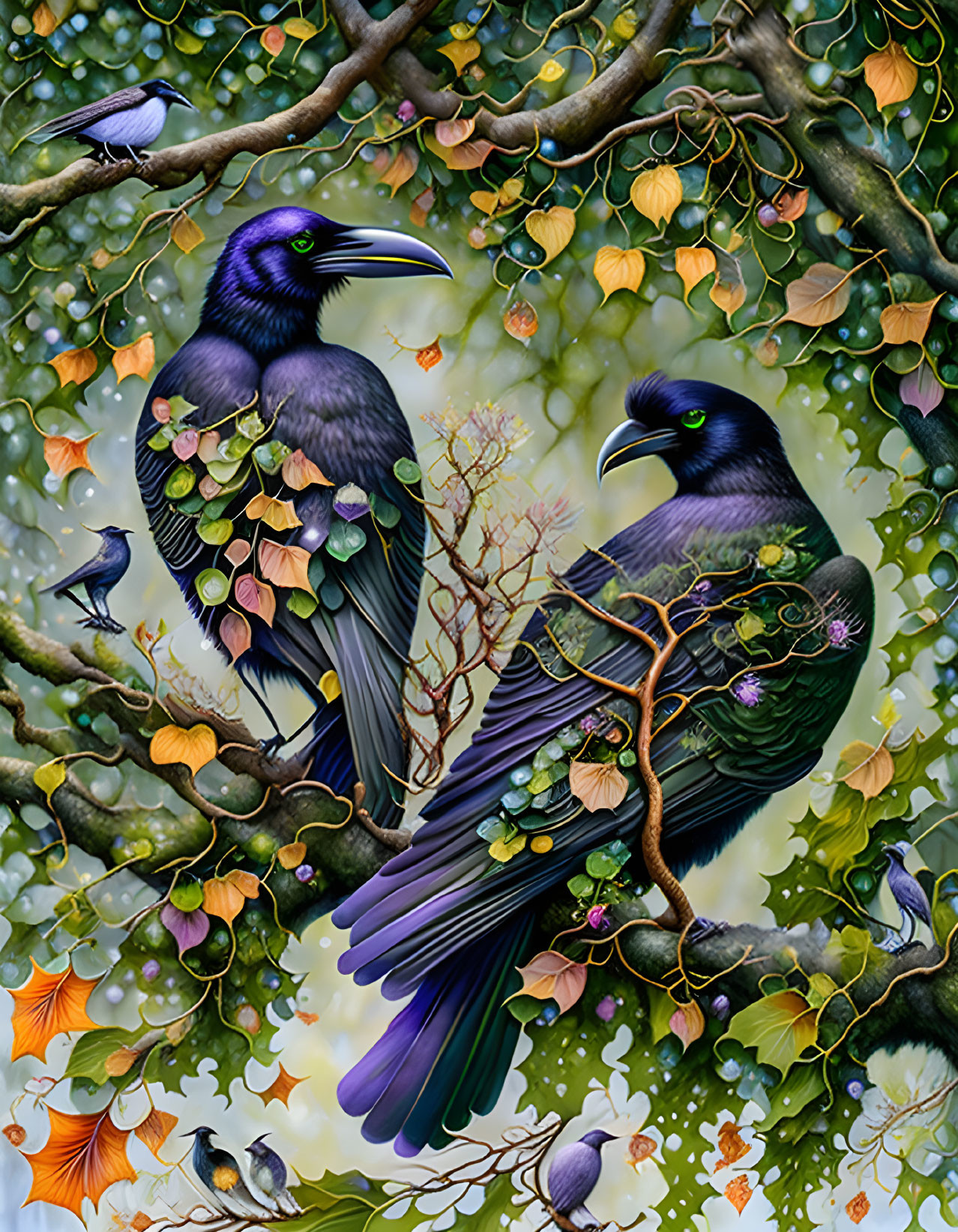 Detailed illustration of ravens in lush foliage with smaller birds on intertwining branches