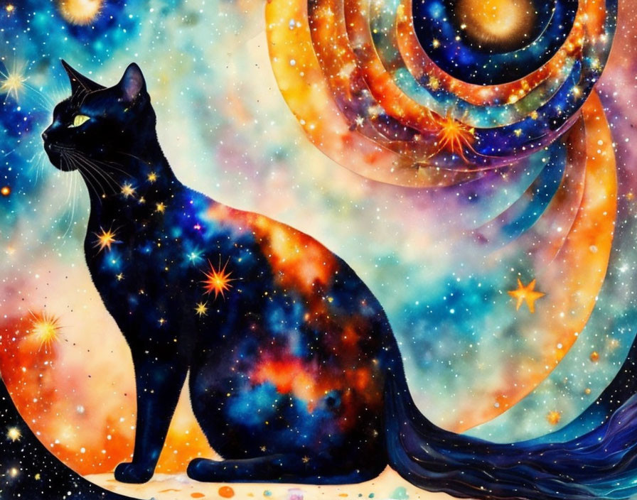 Cosmic black cat silhouette against vibrant galaxy background