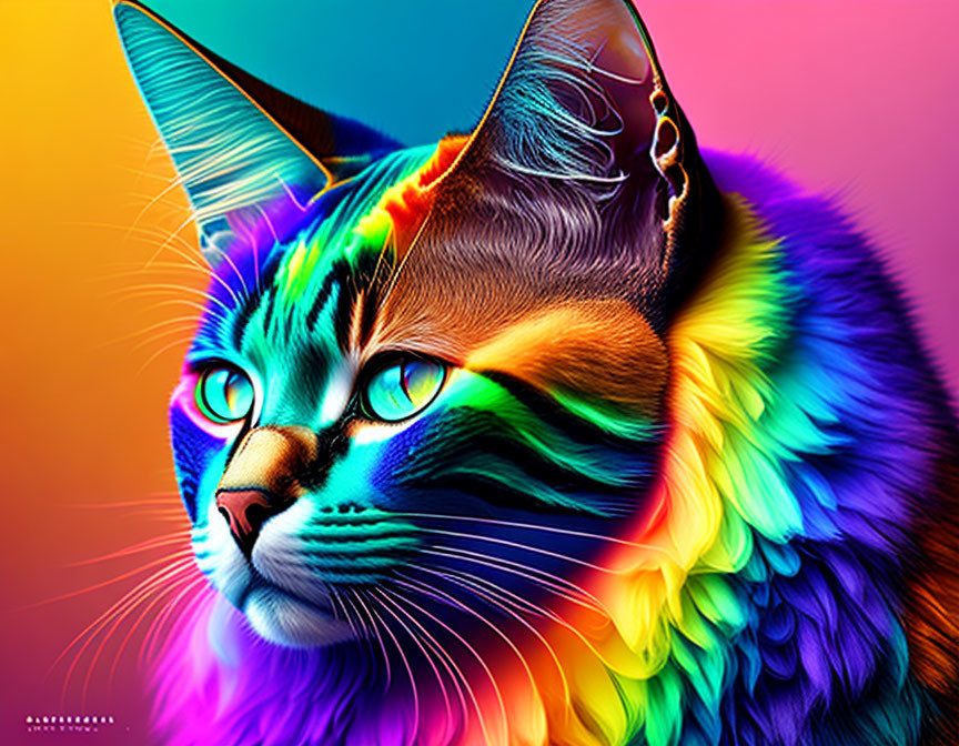 Colorful Neon Cat Art with Intense Green Eyes on Gradient Background