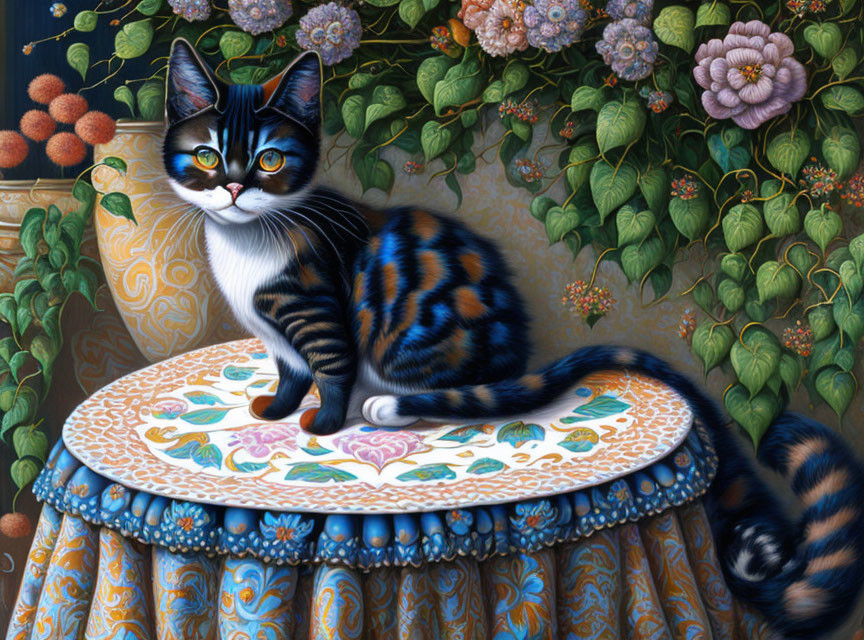 Colorful Painting of Patterned Cat on Ornate Table with Flowering Plants