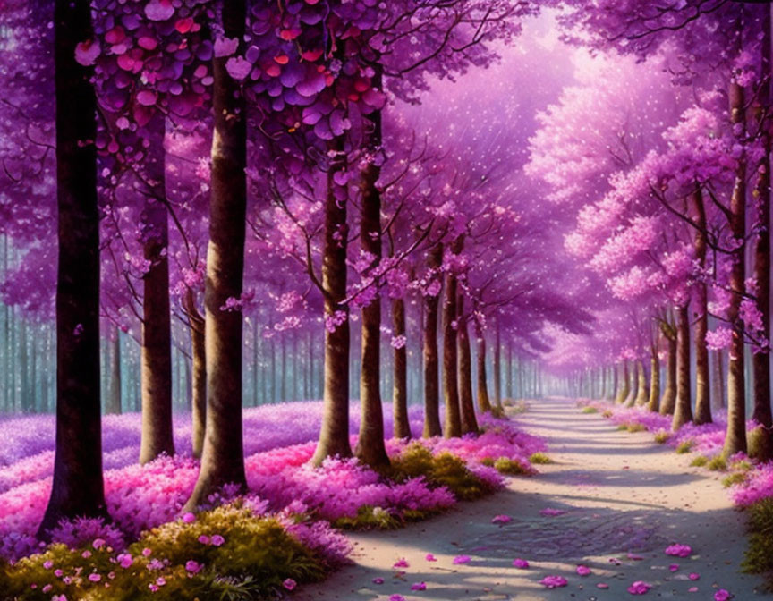 Pink and Purple Flowering Trees in Enchanted Pathway