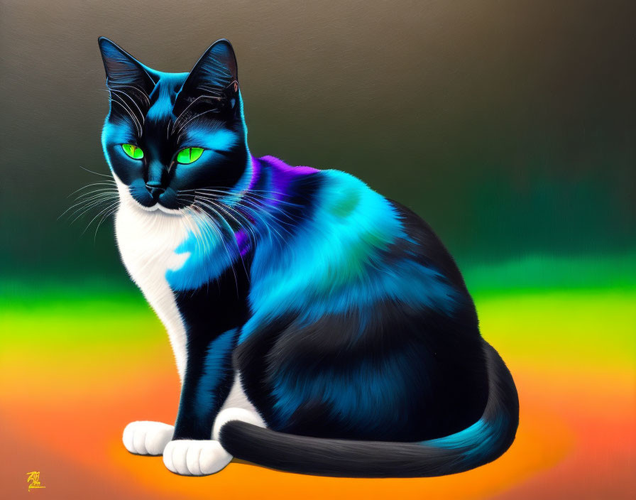 Digital Artwork: Black and White Cat with Neon Blue and Purple Fur