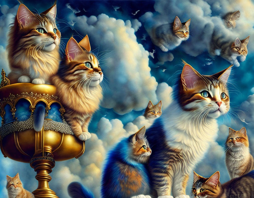 Multiple Cats with Golden Trophy in Blue Sky Artwork