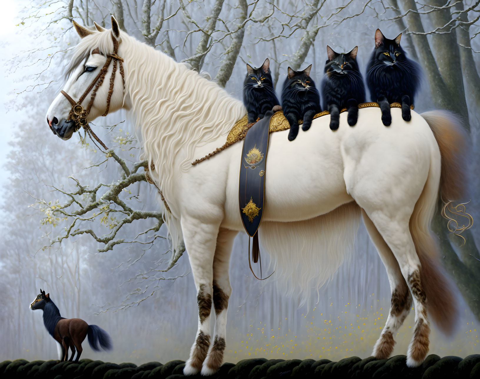 White horse with gold tack carrying four black cats in misty forest