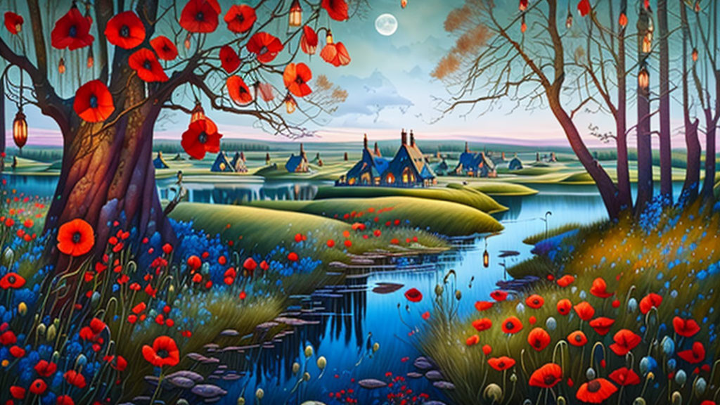 Fantasy landscape with red poppies, river, cottages, lanterns, moonlit sky