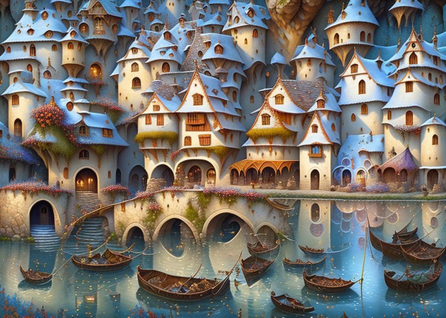 Fantasy village with mushroom-shaped houses near tranquil waterway