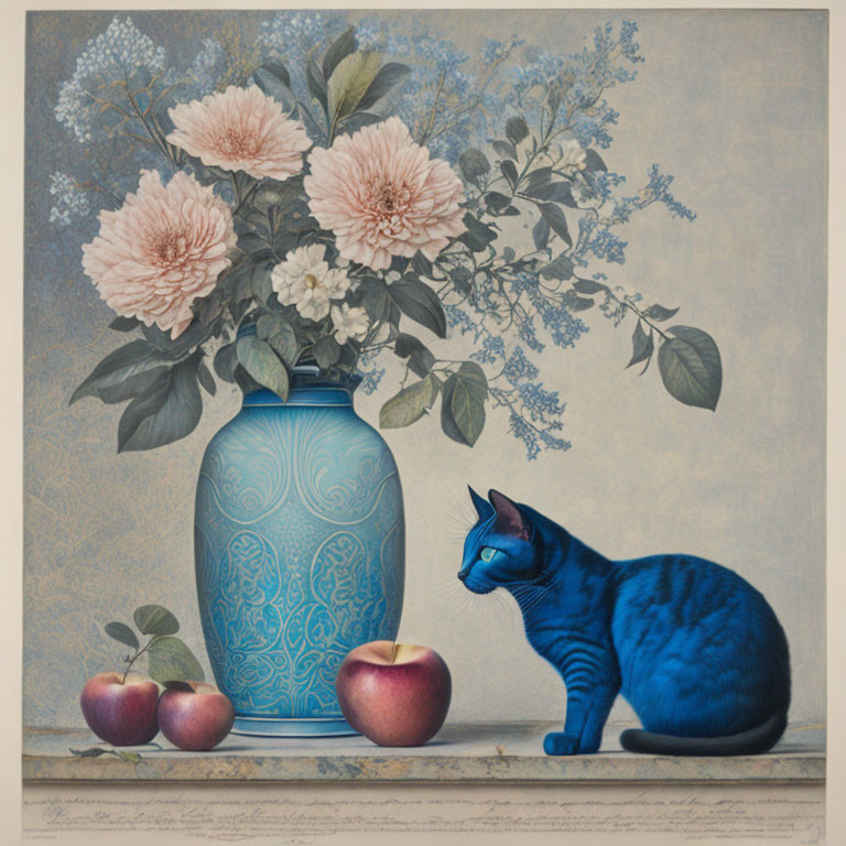 Blue Cat with Pink Peony Flowers, Leaves, and Apples in Detailed Illustration