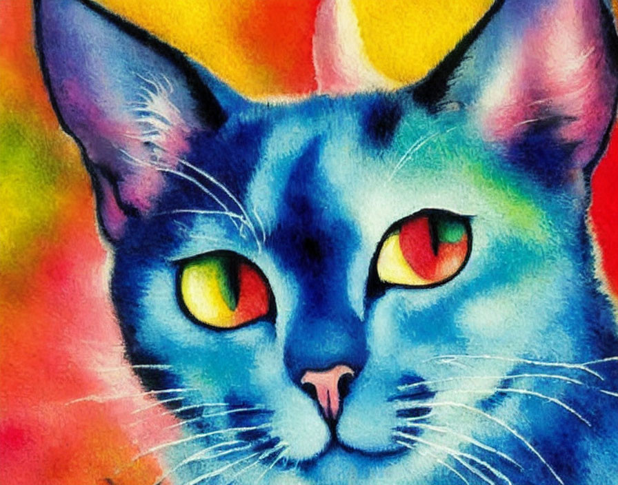 Colorful painting of blue cat with yellow-orange eyes on warm multicolored background