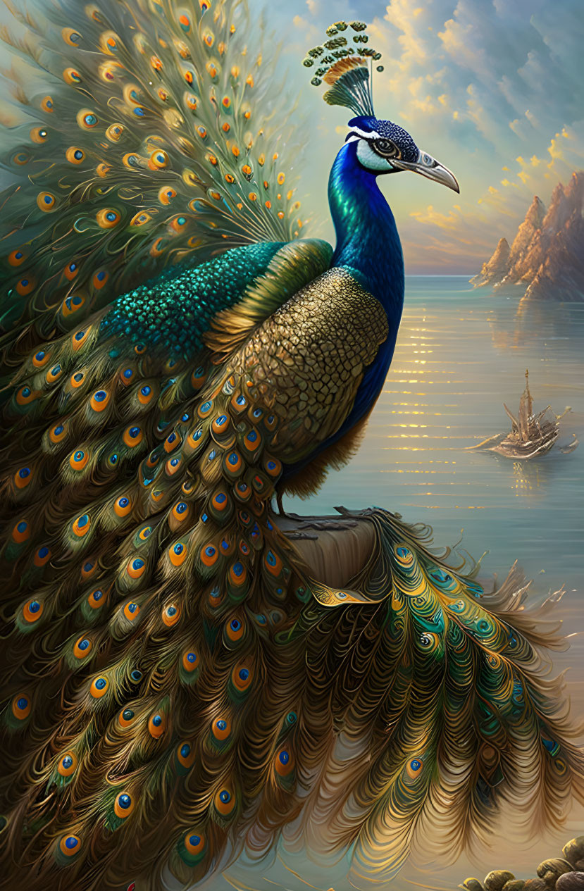 Colorful peacock against golden seascape with sailing ship