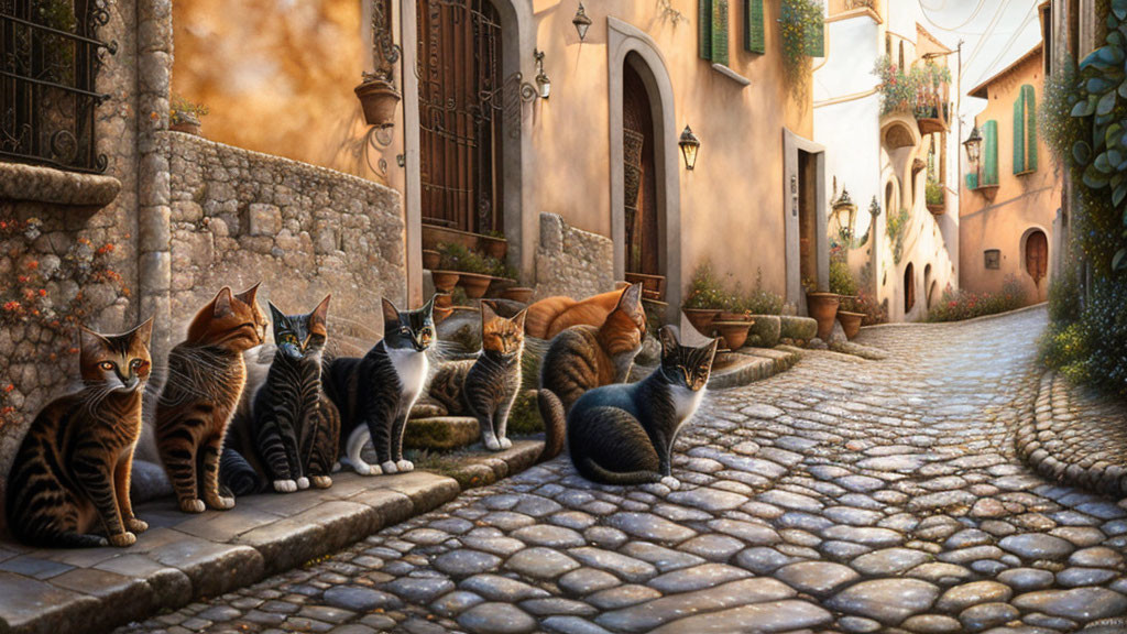 Cats on Cobblestone Street in European Village