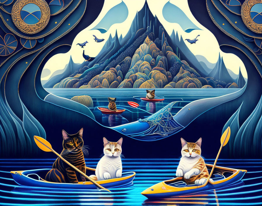 Whimsical illustration of cats and animals on serene blue lake