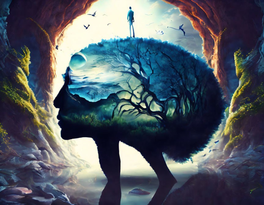 Silhouette of head with tree brain, person in tunnel, birds, twilight sky