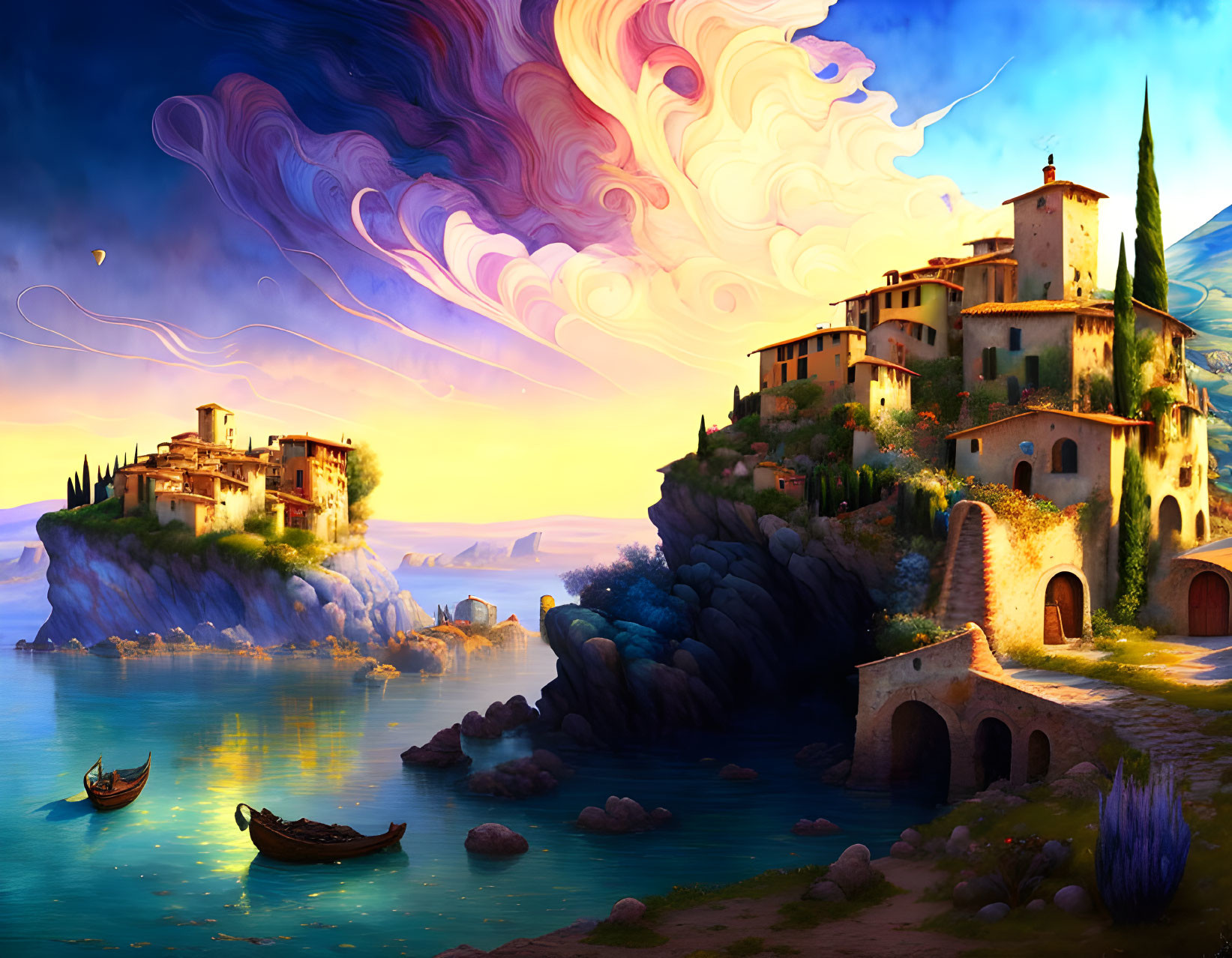 Fantasy artwork: Coastal village at sunset with whimsical sky.